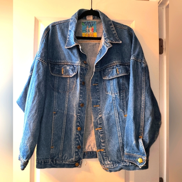 Vintage Varsity Wear Oversized Jean Jacket w/ Custom Appliques (M) - Picture 1 of 5